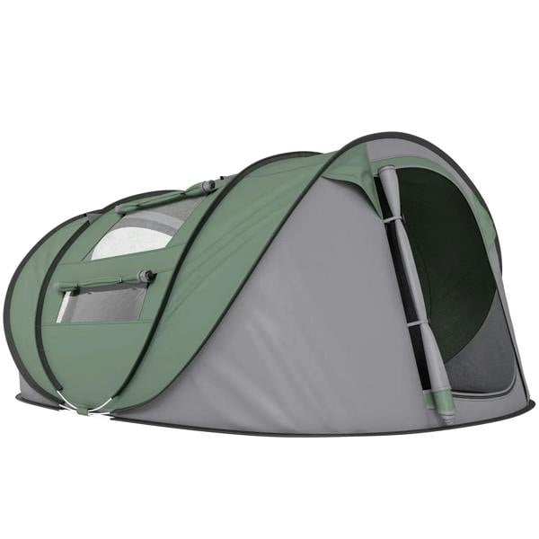 Dark green pop-up camping tent with gray door and mesh window openings on side