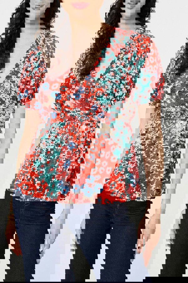 Orange | Ditsy Floral Faux Wrap V-Neck Top
