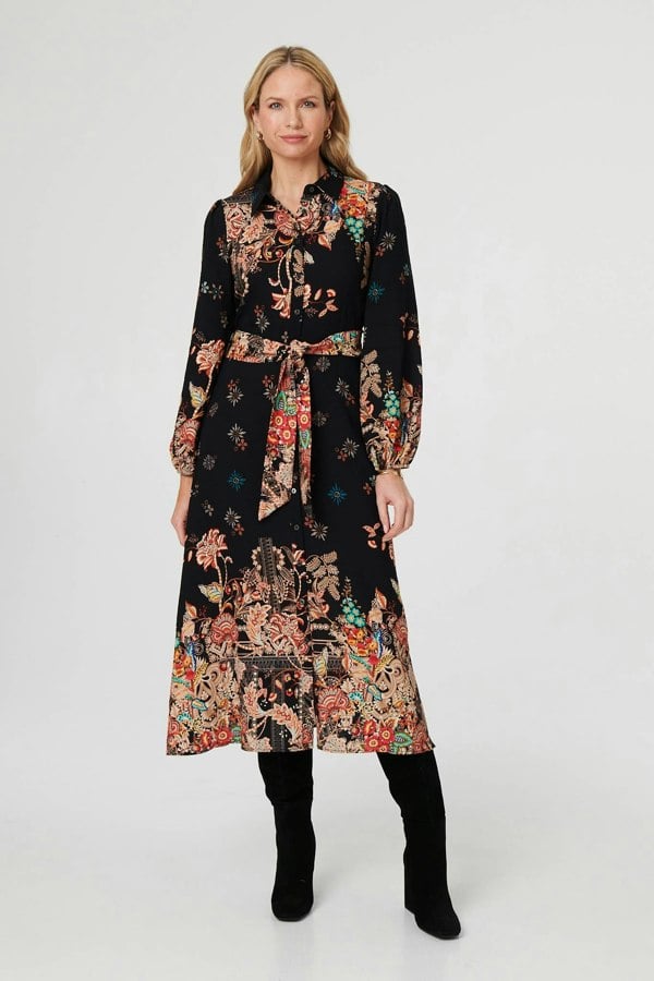 Black | Floral Tie Waist Maxi Shirt Dress
