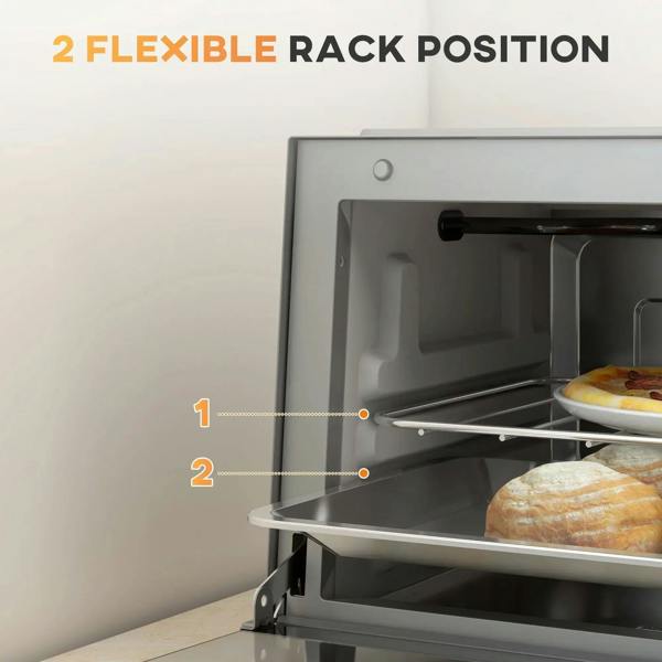 Open mini oven showing adjustable rack positions with baked bread inside.