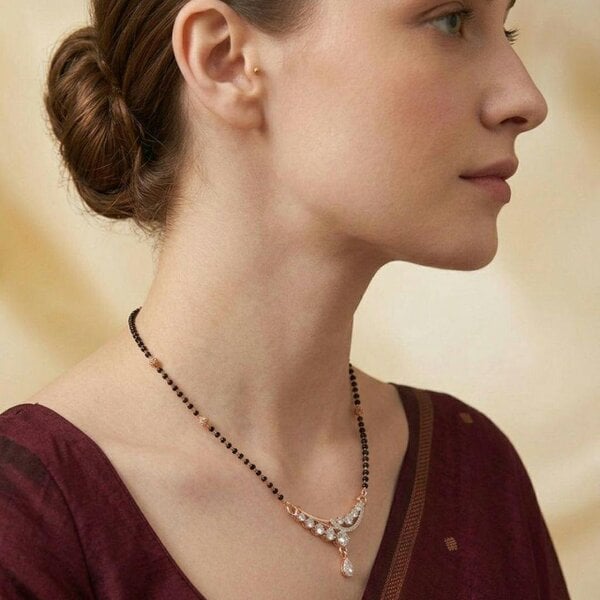 The Colourful Aura Rose Gold Plated CZ Crystal Floral Sweep Mangalsutra Black Bead Necklace 18 Inch