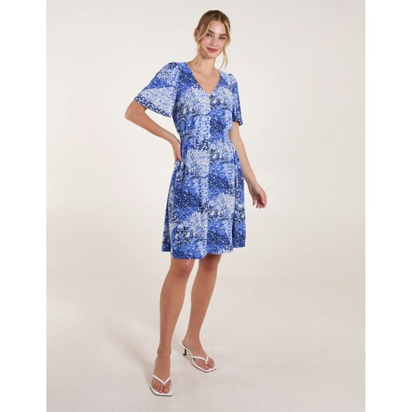 Blue Vanilla Shirred Waist Button Front Patchwork Mini Dress