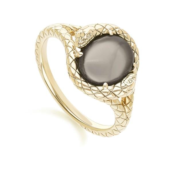 Gemondo ECFEW™ Oval Black Moonstone snake two-headed coiled bezel-set cabochon ring in gold vermeil sterling silver