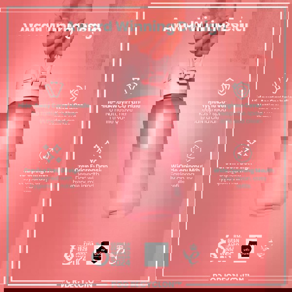 A pink water bottle is being held. It features a hide-away handle, hygiene cover, and wide mouth. The bottle is award-winning, with a crevice-free design.