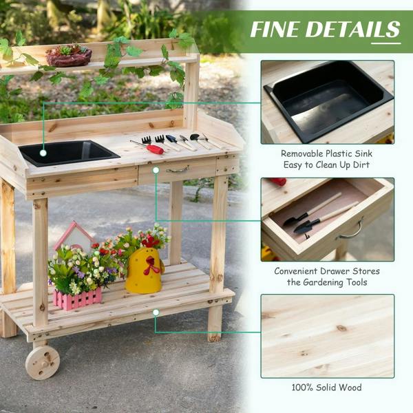 Wood potting bench with removable plastic sink, drawer for tools, and side storage