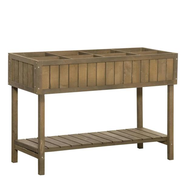 Brown wooden raised herb planter with 8 separate planting boxes and lower shelf