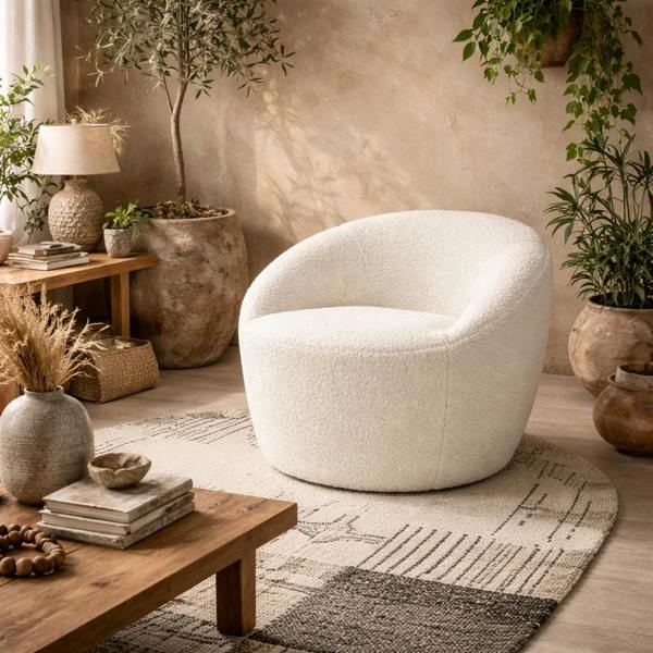 Wyld Haus Cobh White Boucle Round Modern Armchar