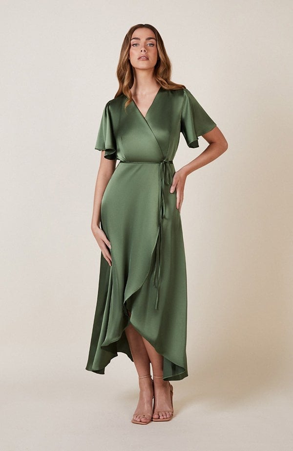 Rewritten London Florence Waterfall Dress in Olive Green Satin
