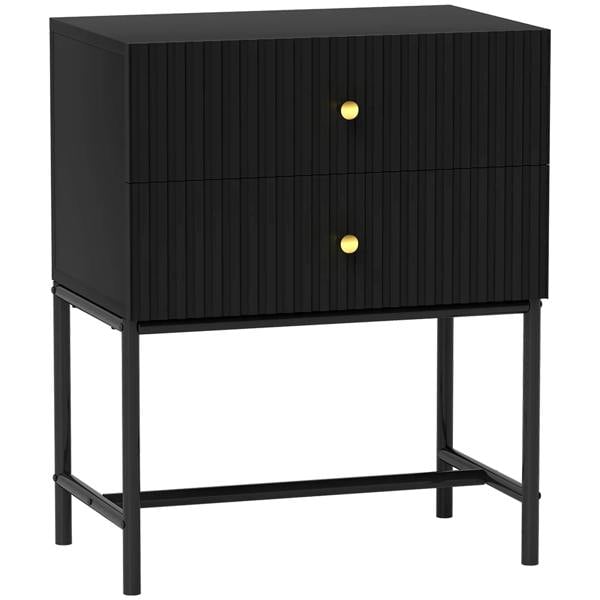 Black two-drawer bedside table with ribbed front and round gold knobs
