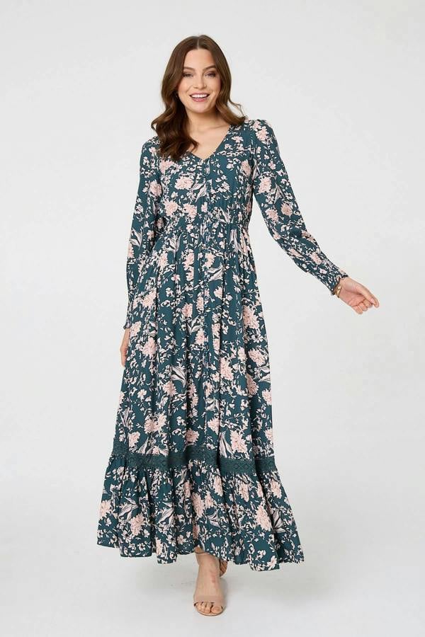 Teal | Floral Long Sleeve Lace Maxi Dress