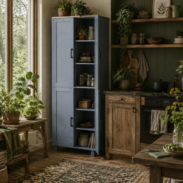Wyld Haus Parare 171cm Wooden Grey Wood Effect 4 Door Freestanding Kitchen Pantry Cabinet