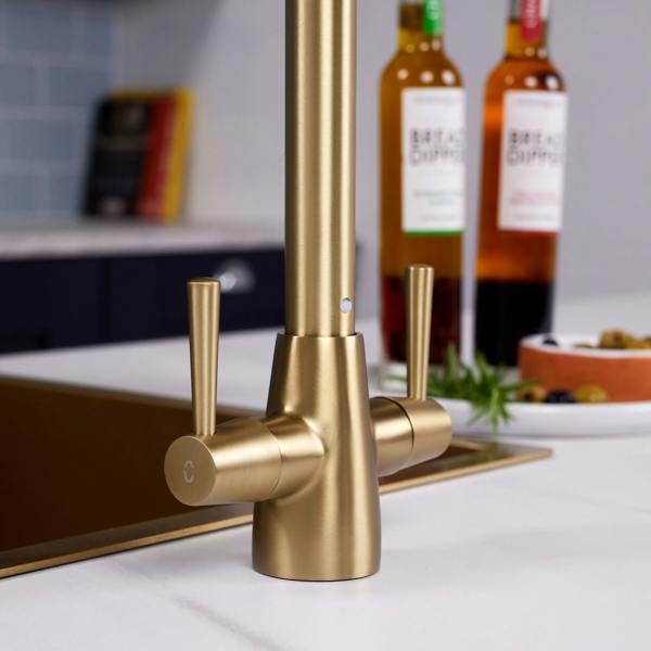Flode Harstad | Dual Lever Kitchen Sink Mixer Tap with Swivel Spout | Brushed Brass Finish