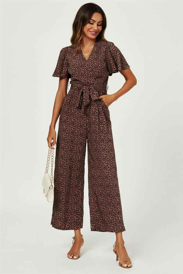 FS Collection Leopard Print Wrap Top Jumpsuit In Rusty