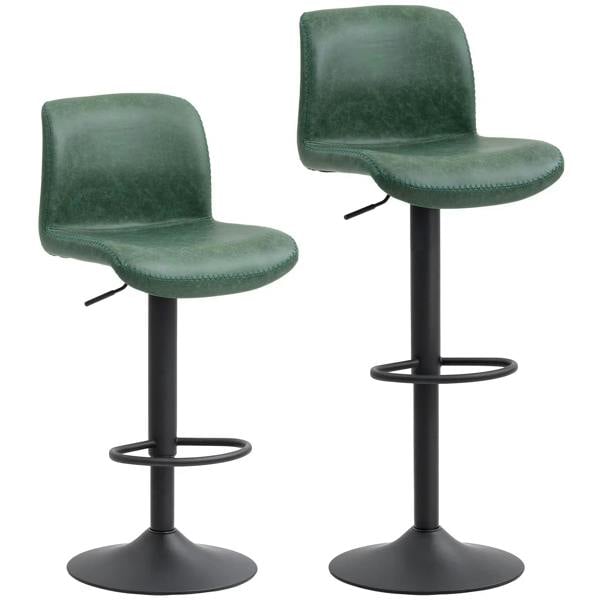Set of 2 green PU bar stools with backrest, circular footrest, and black pedestal bases