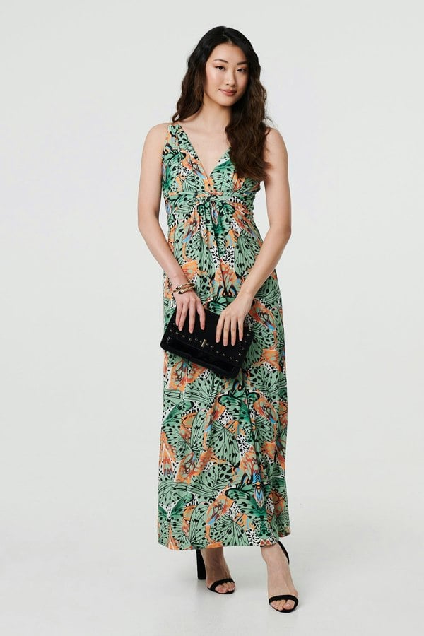 Green | Butterfly Print V-Neck Empire Maxi Dress
