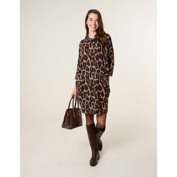 Blue Vanilla Leopard Print Draped Cowl Neck Tunic Dress