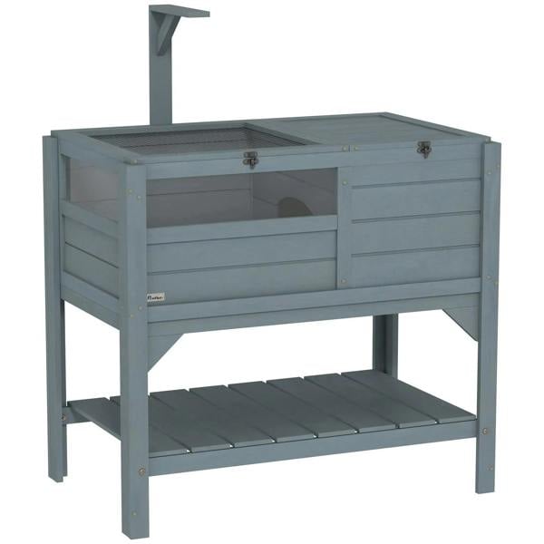 Grey wooden tortoise house with shelter and enclosed side panels, open top