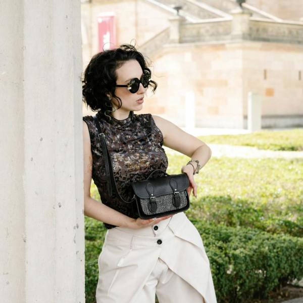 Zatchels Handmade Tannery Leather and Tweed Cross Body Micro Satchel Plus - Black