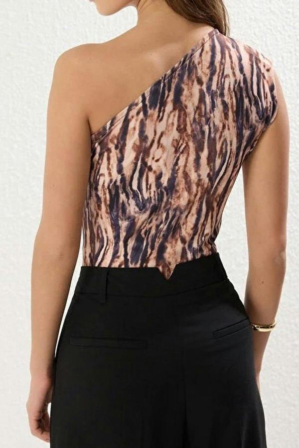 WOVCOR Printed Asymmetrical Collar Elastic Snap Button Knitted Bodysuit