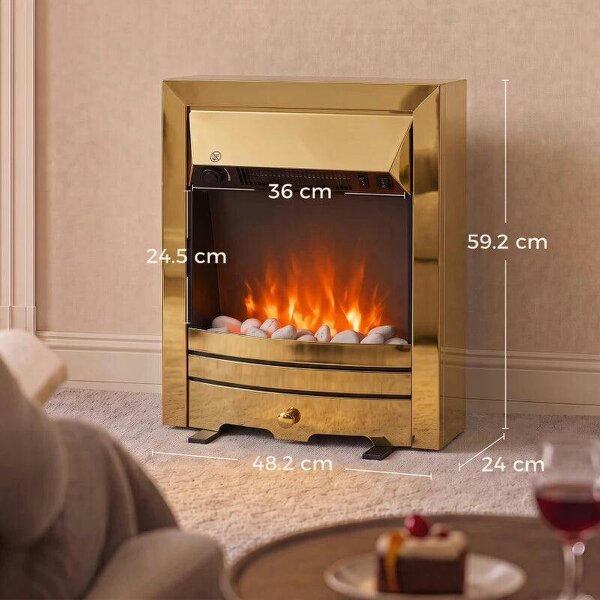 Electric Fireplace Stove Freestanding/Inset, 2000W, Electric Fire with LED Flame, Pebbles, Adjustable Thermostat, Gold