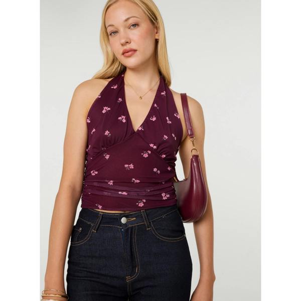 Pink Vanilla Floral Polka Dot Mesh Halter Top
