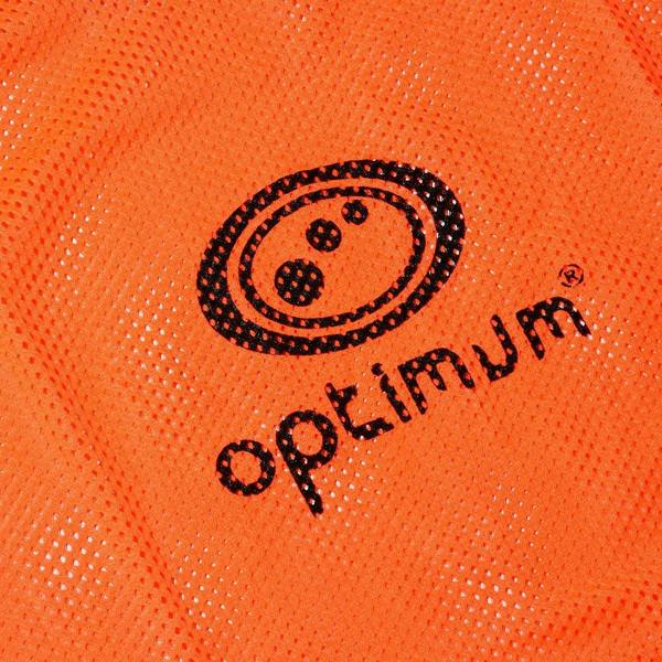 Close-up of black Optimum logo printed on orange mesh training bib fabric - Optimum