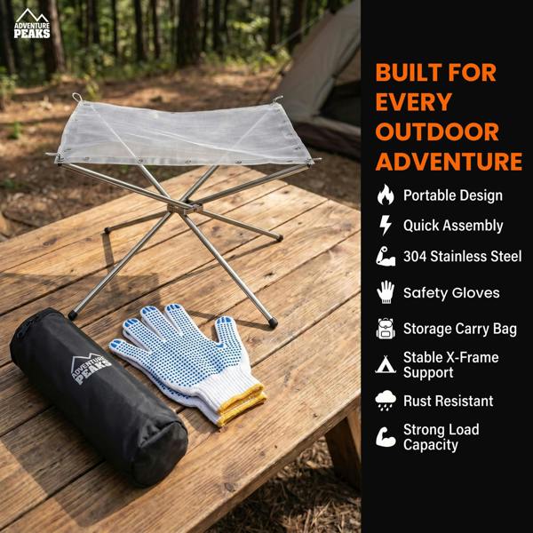 ADVENTURE PEAKS Portable Fire Pit for Camping with Heat Resistant Gloves & Storage Bag - Collapsible Fire Pit Stainless Steel Foldable Mesh