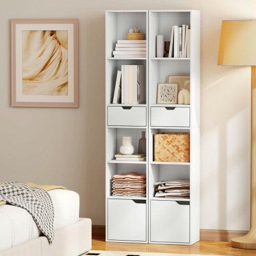 Wyld Haus Kesura Wooden White Tall Narrow 6 Tier Bookcase With Drawer And Door