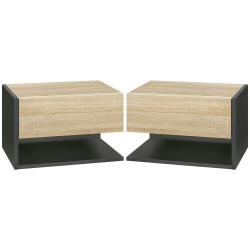 Wyld Haus Sebato Set of 2 Oak Effect Wooden Floating Bedside Tables With Drawer And Shelf Wall Mounted 46 x 30 x 30 cm