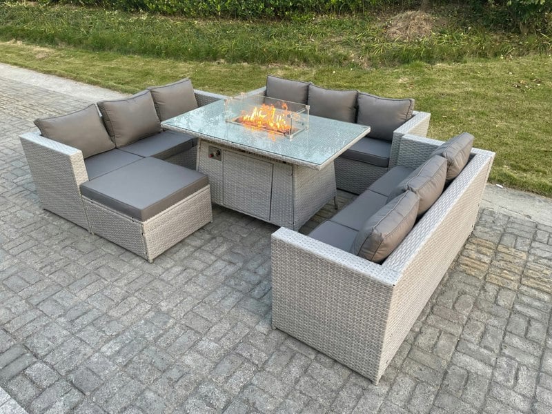 Fimous Light Grey U Shape Lounge Sofa Dining Set With Gas Fire Pit Rattan Garden Furniture Set Heater Burner Big Footstool