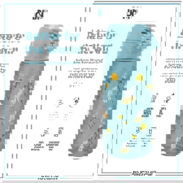 A blue water bottle, featuring a bee and flower design, sits against a white background. It is made from a plant-based polymer and is described as "Better for the World".