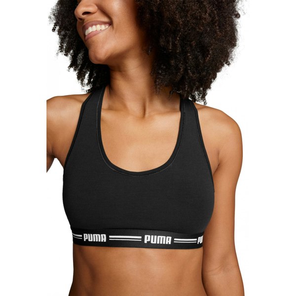 Puma Striped Logo Racerback Bra Top, Black