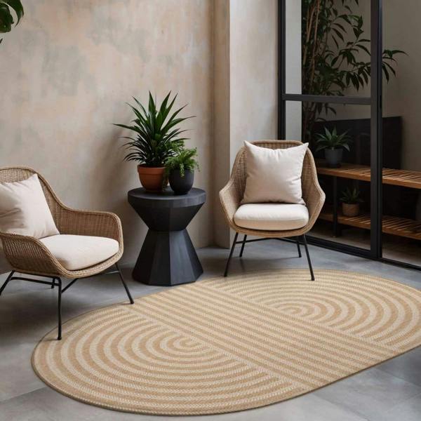 Living room with wicker chairs, a round rug, and potted plants.