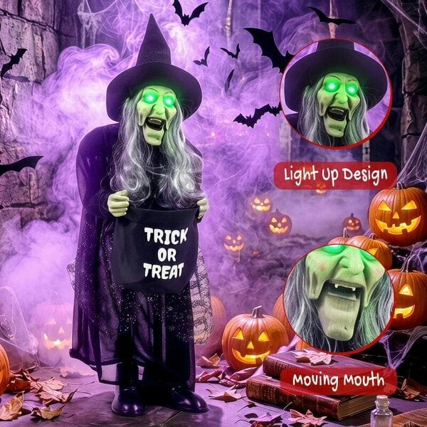 Bobobiy 94cm Animated Witch Halloween Decoration, Scary Halloween Animatronics Decor with Sound Touch Activated & Light Up Eyes