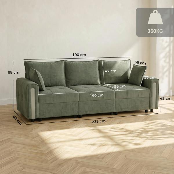 HOMCOM  3 Seater Sofa with Lift-Up Storage, 228 cm Velvet Couch, Dark Green