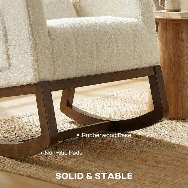 Bobobiy Rocking Chair for Adults, Lounge Rocker Chair with Lumbar Pillow, High Back, Wood Base, Side Pockets, Cream White