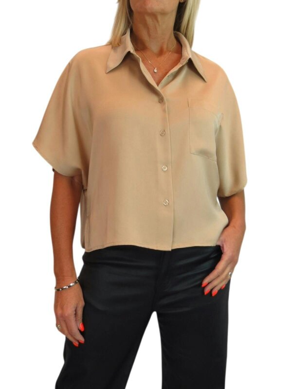 Paulo Due Women's Cropped Satin Shirt Short Sleeve Batwing Blouse