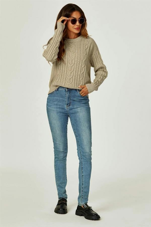 FS Collection Cable Knit Crew Neck Jumper In Taupe