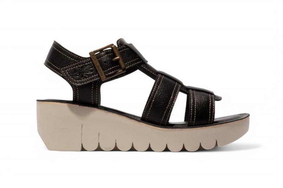 Fly London Women's YUDD236FLY Black Mousse Leather Wedge Sandals
