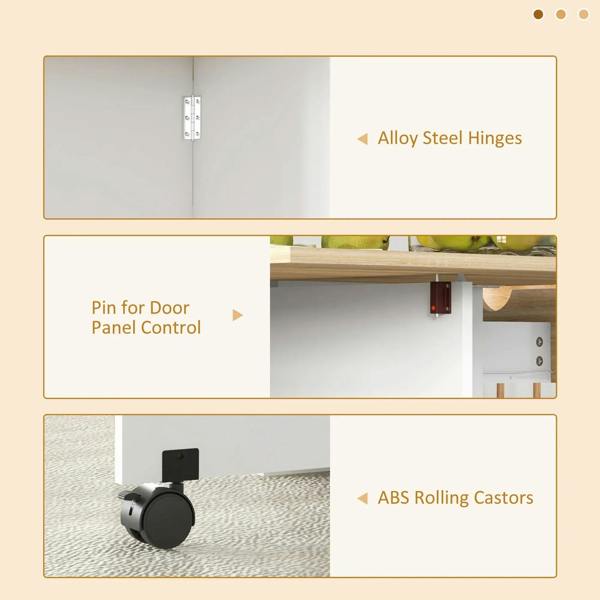 Oak table hardware view with alloy hinges and rolling caster base feature