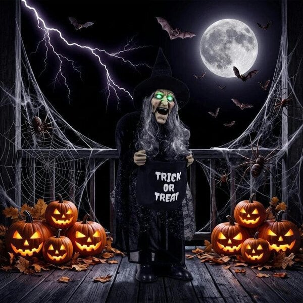 Bobobiy 94cm Animated Witch Halloween Decoration, Scary Halloween Animatronics Decor with Sound Touch Activated & Light Up Eyes - Black