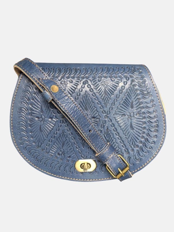 Berber Leather The Temara Embossed Saddle Bag in Navy Blue
