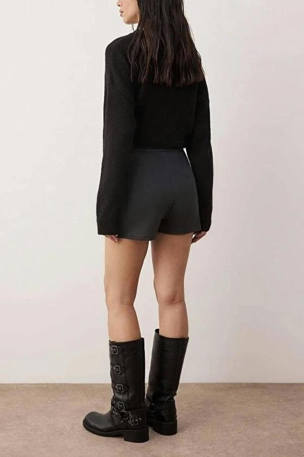 WOVCOR A-line Flexible Knit Mini Short Skirt with Slit