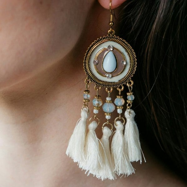 The Colourful Aura Long Round Enamel White Tassel Indian Boho Drop Ethnic Dangle Bridal Earring