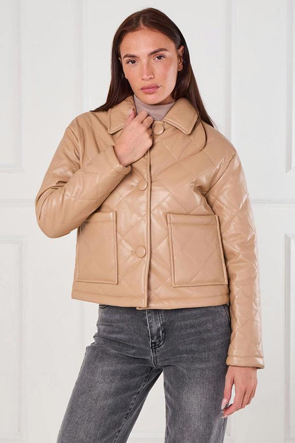 Elaina Fashion Beige Quilted Faux PU Jacket