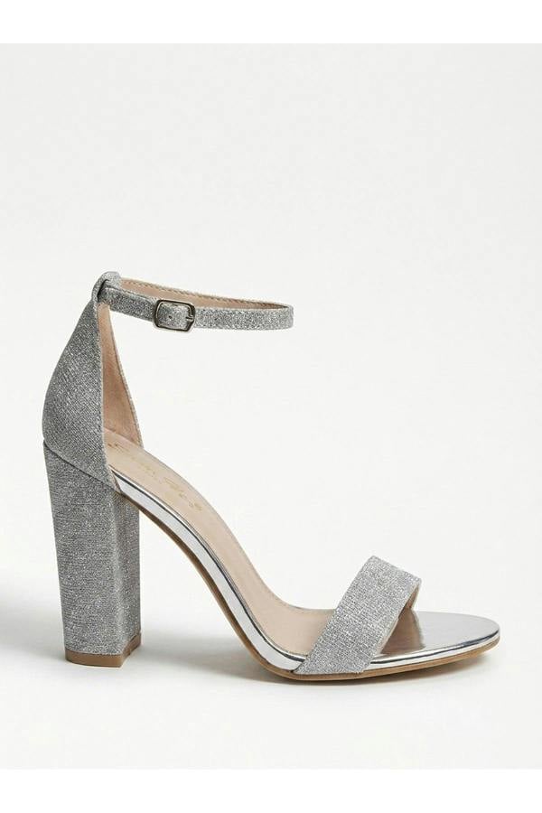 Odette Glittery Block Heel Ankle Sandals - Silver