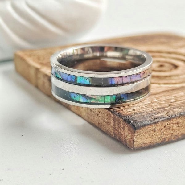 The Colourful Aura 8mm Stainless Steel Unisex Wedding  Sea Shell Silver Ring Bands