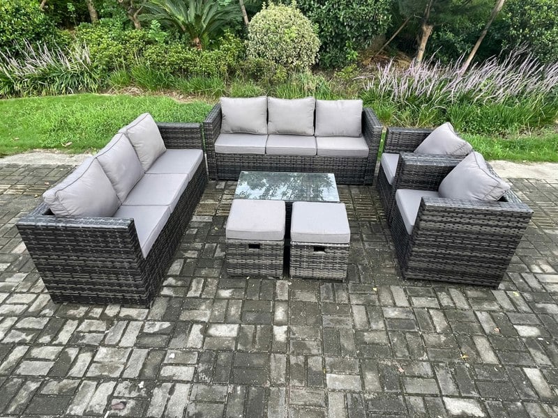 Fimous Wicker PE Rattan Sofa Set Outdoor Patio Garden Furniture with 2 Armchairs Oblong Coffee Table 2 Small Footstools Dark Grey Mixed
