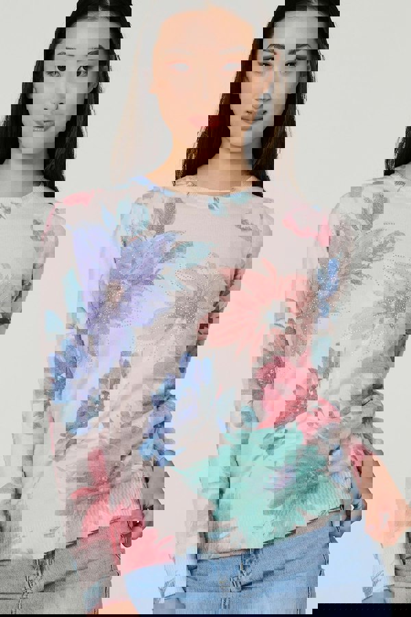 Beige | Floral Diamante Detail Long Sleeve Jumper
