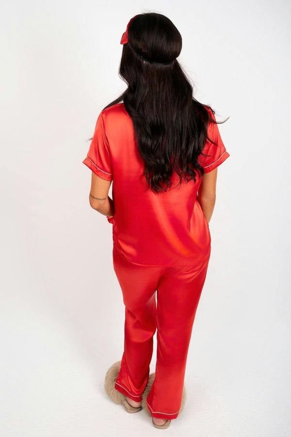 Saryna Satin Button Up Pyjama Set With Matching Eye Mask & Scrunchie - Black